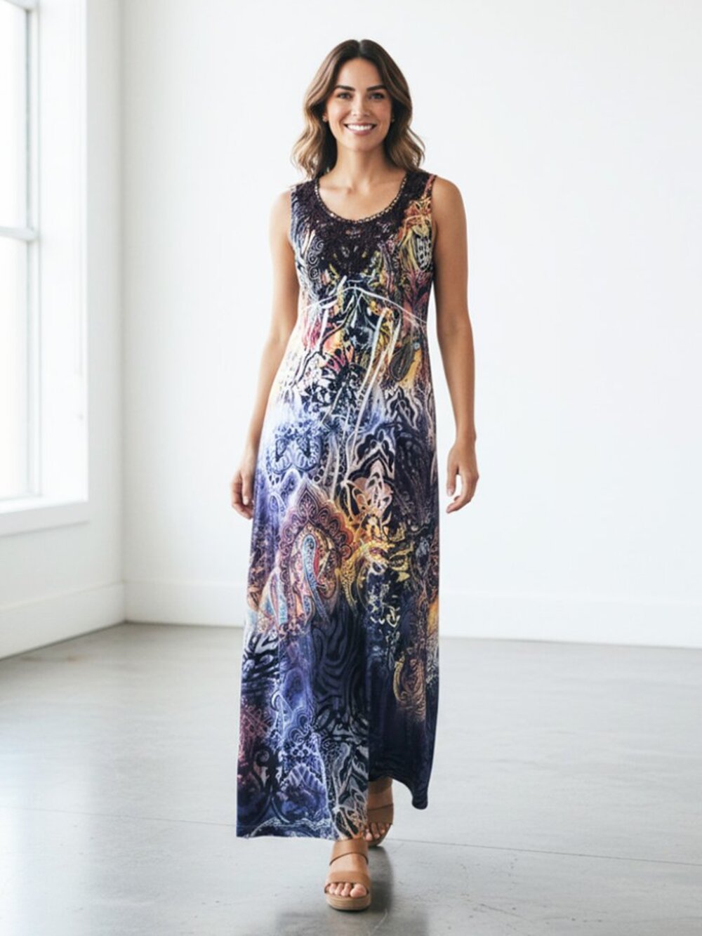 Style & Co. Embroidered Neckline Graphic Printed Maxi Dress Super Stretch Size S